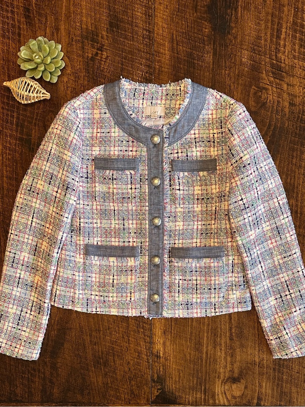 Loft | Pastel Tweed Lady Jacket with Denim Trim, Size S